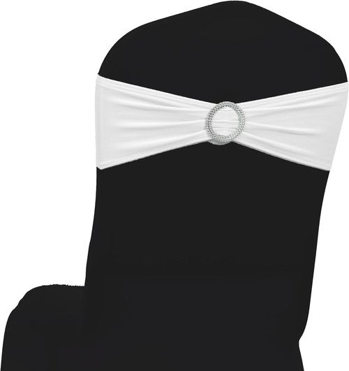 MDS Spandex Chair Sashes - Pack of 200 Universal Stretch Bands with Buckle Slider for Wedding Decor - White