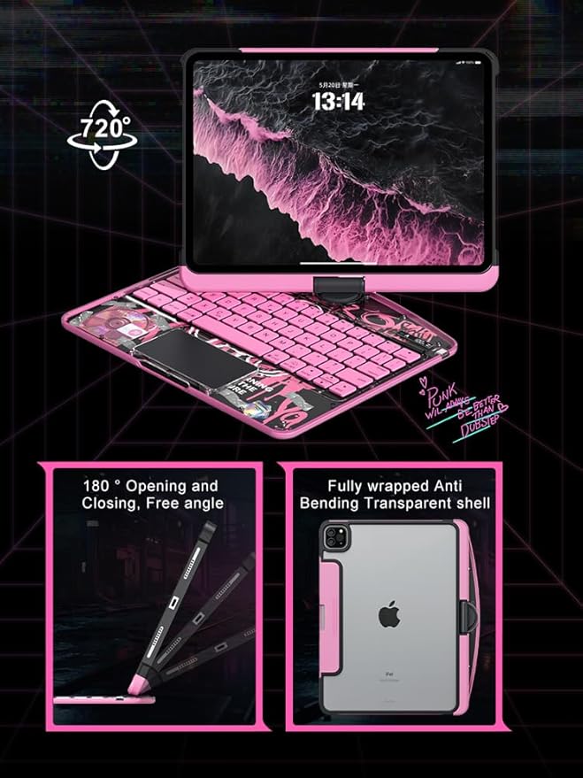 KARTICE Transparent Case with Wireless Keyboard for iPad Pro 13 inch (M4,2024), 7 Colors Backlight, Multi-Touch Trackpad, 360° Rotating Stand Case with Pencil Holder for iPad Pro 13
