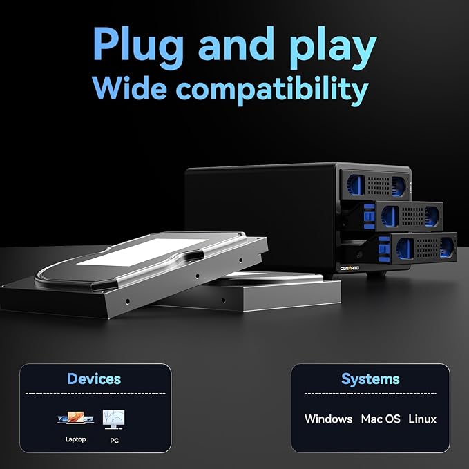 CENMATE Aluminum 3 Bay Hard Drive Enclosure with Cooling Fan for 2.5“/3.5" SATA HDD/SSD with USB A/C 3.0, Support Hot Swappable, Tool-Free HDD Enclosure, DAS(NO RAID/NAS)