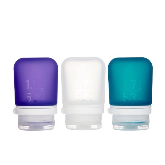 humangear GoToob+ Bottles - Silicone Leak-Proof Travel Tubes for Toiletries, Camping & TSA Carry-On (3-Pack), Small (1.7 fl oz; 53ml), Clear/Purple/Teal