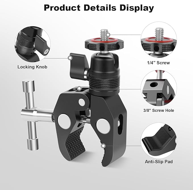 Mechrig Super Clamp Camera Mount with 360° Mini Ball Head, Aluminum Desk Tube Crab Clamp for Monitor/Light/Mic, Bike/Motorcycle Handlebar Mount for Go Pro/Insta360/DJI Action Camera (SY012)