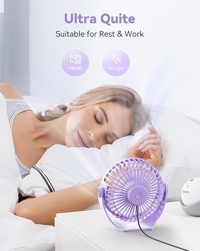 Edvision USB Desk Fan, 5 Inch Mini Portable, 3 Speeds Strong Airflow Personal Desktop, Detachable Cooling Fan 360° Rotation Quiet Small Fan for Desk Home Office Travel Car, Purple, 5ft Cable
