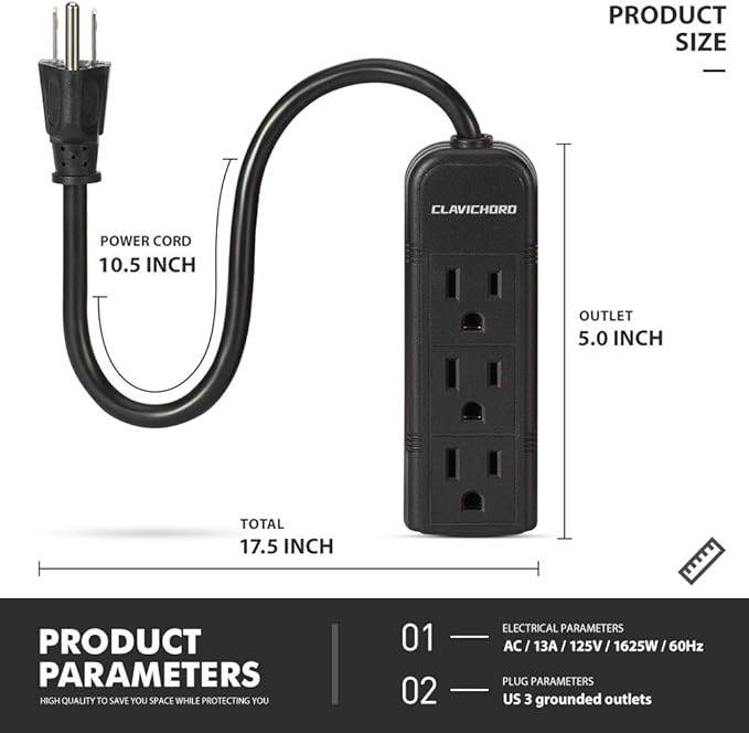 Power Strip with Flat Plug - 3 Ground Sockets 7 Inch Heavy Duty Braided Extension Cord Flat Plug Mountable Socket Strip for Computer/Home/Office
