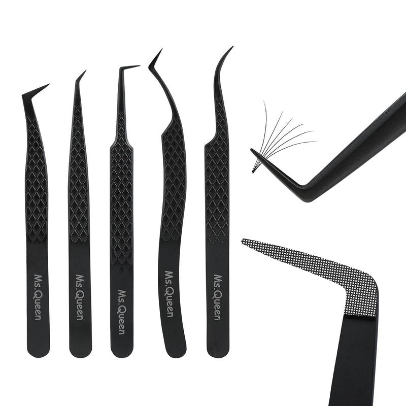 Ms.Queen Lash Tweezers for Eyelash Extensions,Set of 5,Fiber Tip Curved 45 90 Degree and L-Shape Boot Lash Tweezers for Mega Volume & Classic Lashes,Black