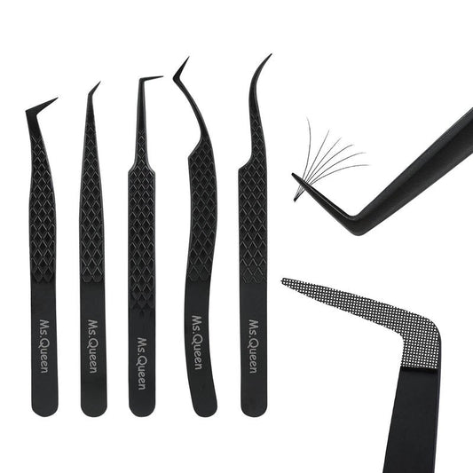 Ms.Queen Lash Tweezers for Eyelash Extensions,Set of 5,Fiber Tip Curved 45 90 Degree and L-Shape Boot Lash Tweezers for Mega Volume & Classic Lashes,Black