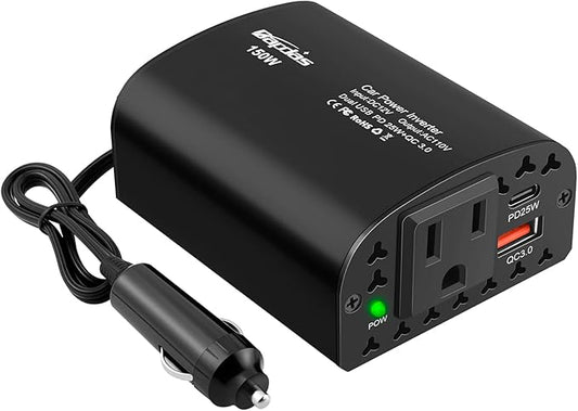 Bapdas 150W Car Power Inverter DC 12V to 110V AC Car Adapter for Plug Outlet with PD 25W &QC3.0 USB Ports Car Charger Adapter