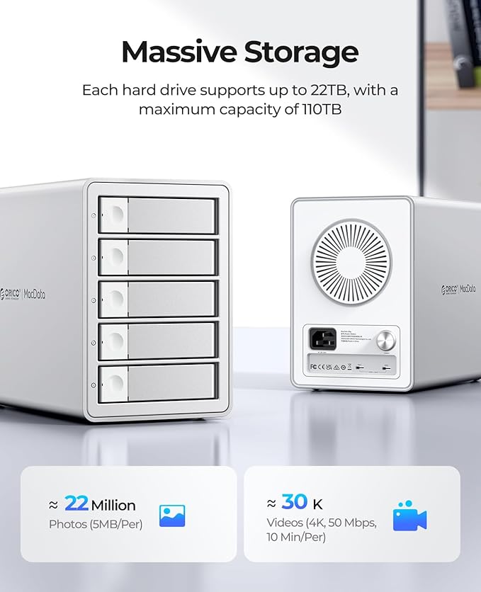 ORICO Daisy-Chain 5-Bay Hard Drive Enclosure USB 3.2 Gen 2 Aluminum Das Enclosure Support 22TB and Expansion Max Up to 330TB for 3.5-inchs HDD -9958C3
