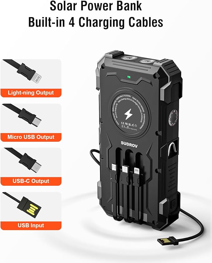 Sudrov Solar Charger Power Bank, 20000mAh Wireless Portable Charger with USB-C in/Output, QC3.0 Fast Charging 15W 4 Ports Outdoor Battery Pack Built-in Dual Led Flashlights for iPhone Samsung etc