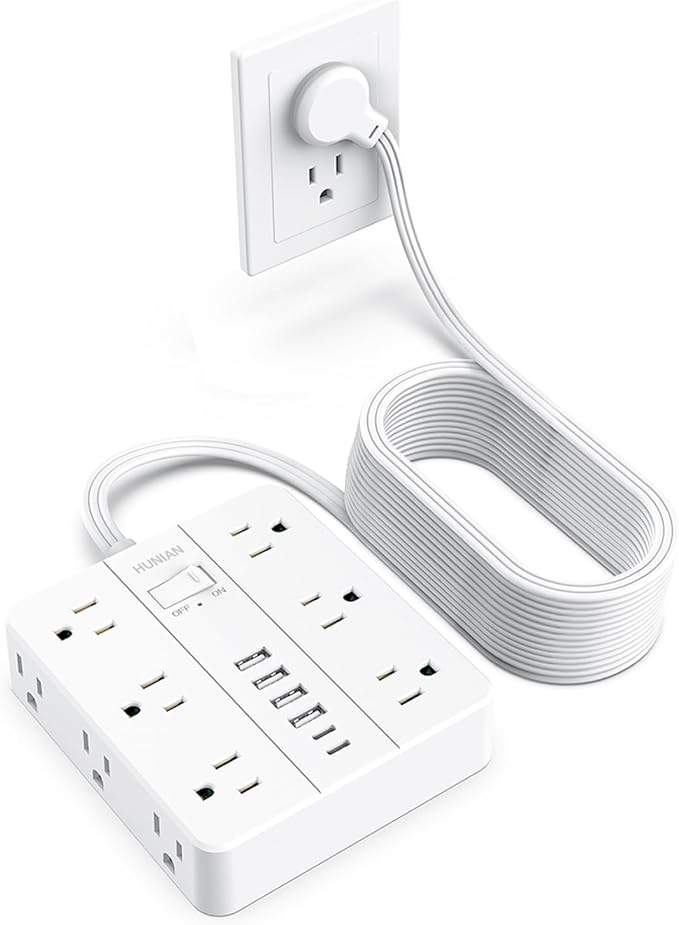Extension Cord 25 Ft, HUNIAN Flat Plug Power Strip, 12 Widely Spaced Outlets with 6 USB Charger (2 USB C Ports), Desk Charging Station for Home Office Supplies, Dorm Room, White