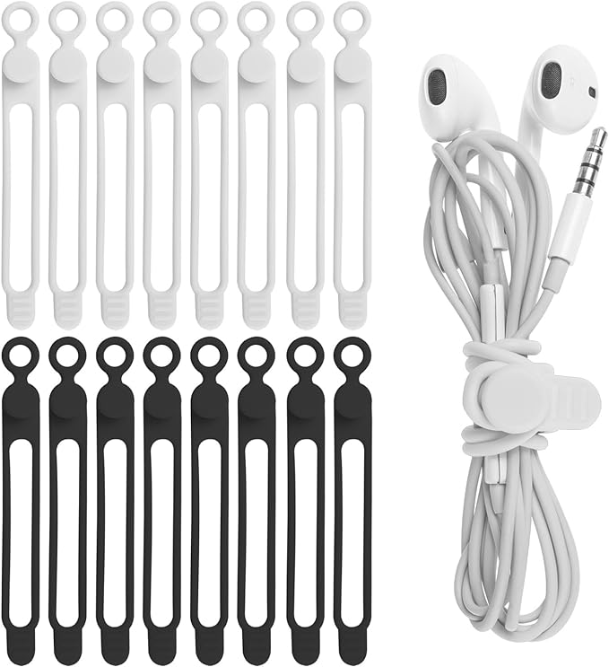 Nearockle 16Pcs 4.2" Silicone Cable Ties Cord Organizer for Cable Management, Reusable Cable Organizer Electronic Accessories in Home,Office,Kitchen,School,Travel (Black & White)