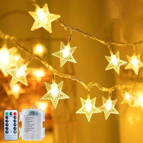 Brightown Star String Lights - 50 LED Battery Operated Fairy Lights with Remote & Timer | 17 ft Waterproof Warm White for Bedroom, Patio, Party Decor