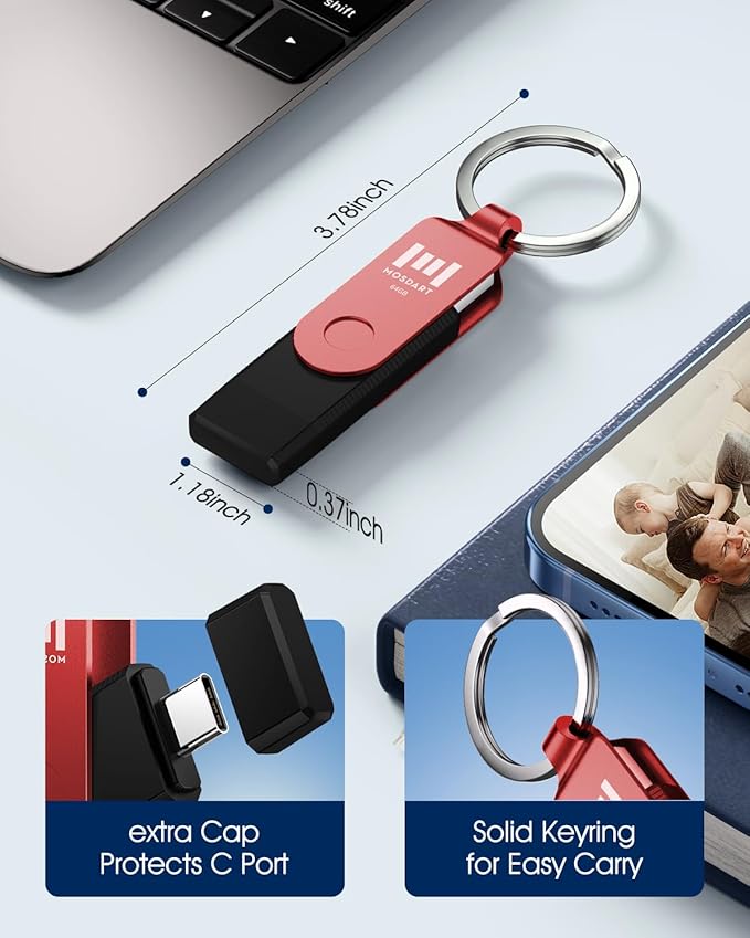 MOSDART 64GB USB C 3.2 Fast Speed C and A Dual Flash Drive, exFAT Memory Stick with Keychain and LED Indicator, for iPhone 15,16,17, Android Phone, iPad, MacBook, and Other Laptops, Red
