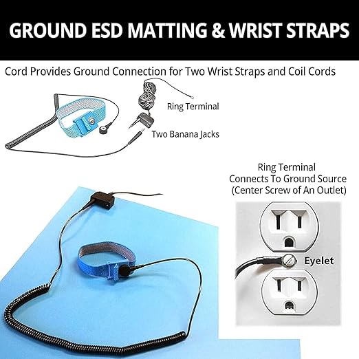 RubberStat Dual Layer ESD Compliant Workstation Rubber Table Mat Kit, Soldering, Cell Phone Repair, with Wrist Strap Set and Ground Cord - 48"x48" Blue