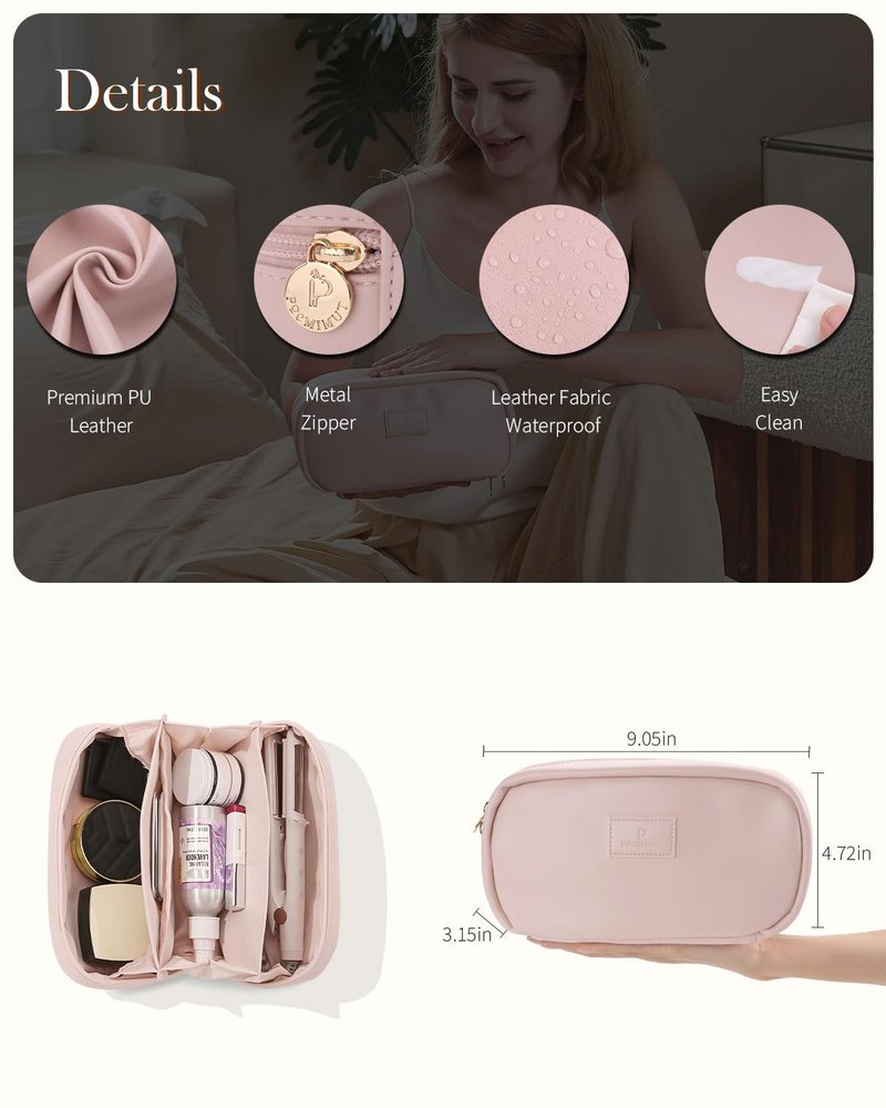 Pocmimut Makeup Bag,Open Flat Makeup Pouch Purse Car Accessories,Travel Essentials Organizer with Divider,Christmas Birthday Gifts for Mom and Lover,Pink