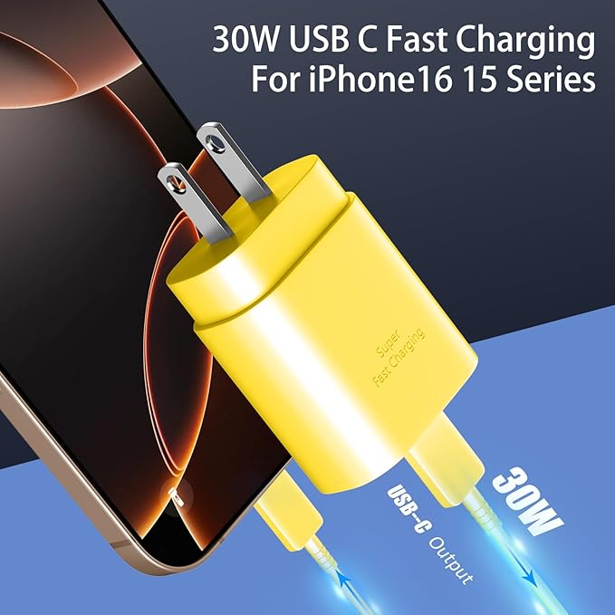 Phone 17 16 15 Charger Fast Charging,30W USB C Phone 17 16 15 Pro Max Charger Block &10FT Long Type C Cable Cord for i.Phone 17/Air/17 Pro/17 Pro Max/16/16 Plus/16 Pro/16 Pro Max/15/15 Pro Max,Yellow