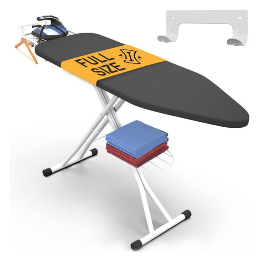 Xabitat Full Size Ironing Board 57" X 15" with Wall Mount Hanger, Full Metal Construction Iron Board, Built in Iron Caddy, Heat & Scorch Resistant Fabric, Cord Holder, Anti-Skid Feet, Heavy Duty