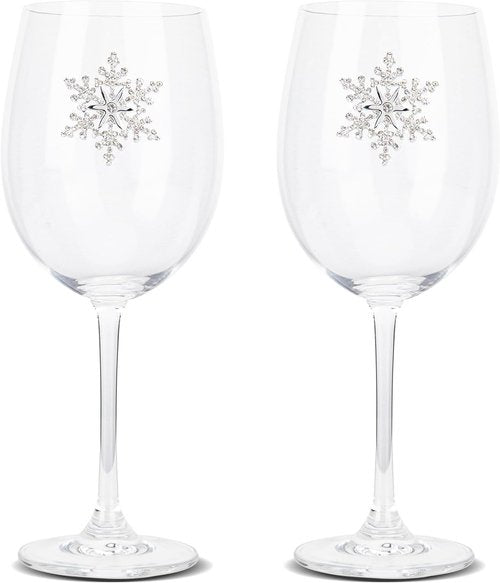 Bdor Christmas Wine Glasses - Jeweled Snowflake Goblets | Set of 2, 19 Oz Holiday Drinkware