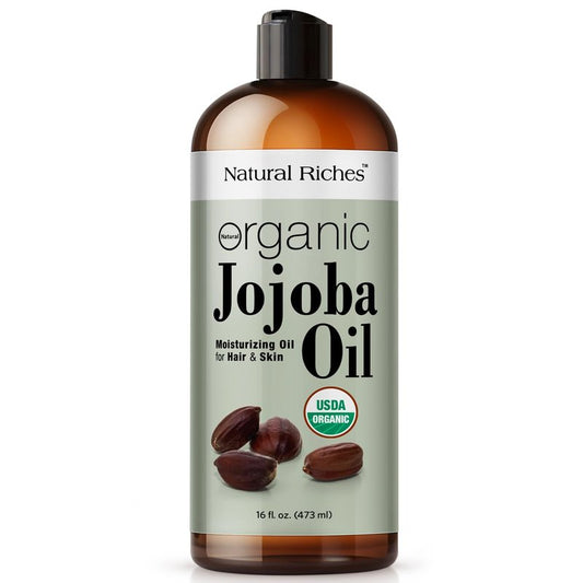 Natural Riches Organic Jojoba Oil, Pure (16 oz) | Moisturizing Oil for Face, Hair, Skin & Nails Cold Pressed Hexane Free Base Carrier oil.