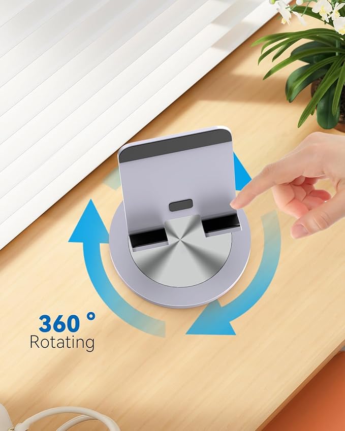 YCNEW Phone Stand for Desk, 360° Rotating Dual Adjustable Foldable Holder, Heavy Solid All-Aluminum Base Anti-Slip Stable Support for Home Office Study, Fits iPhone Galaxy 4-8" Phones (Grey)