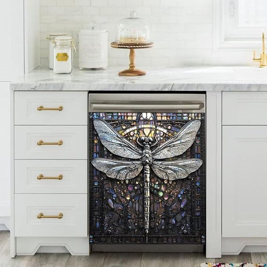 Retro Dragonfly Dishwasher Magnet Cover, Modern Art Deco Fridge Panel Magnetic Decal Home Kitchen Decor, Reusable Dishwasher Covers,23 x 26 inch