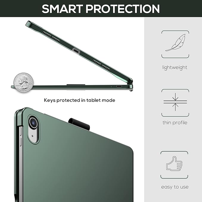 typecase Touch iPad 11th 10th Generation Case with Keyboard (11" 2025, A16 & 10.9" 2022) – 360° Rotatable, 11-Color Backlit, Multi-Touch Trackpad, Pencil Holder, Thin & Light – Midnight Green
