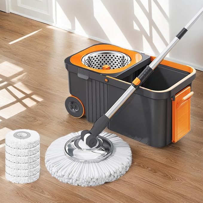 360 Spinning Floor Cleaning System with 6 Extra Refills Heads Extended Handle Household Cleaning Automatic Cleaning with Bucket for Household Floor Cleaning (Grey Orange)