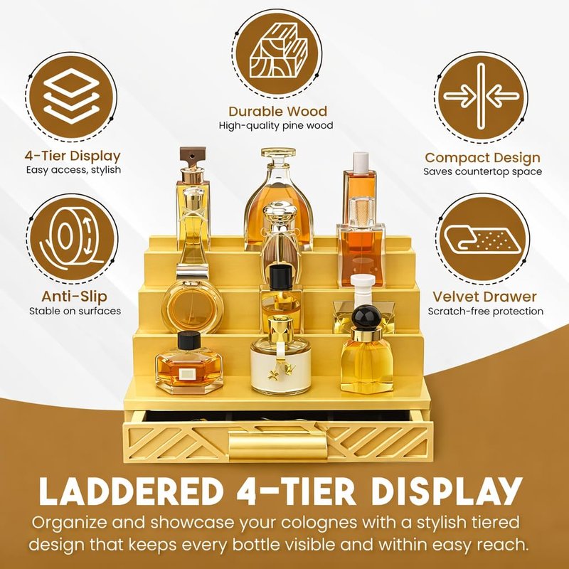 Cologne Organizer for Men - Drawers & Dresser Organizer Countertop - Perfume Holder Stand For Men Organizador De Perfumes - by NovaHavensNest (Black-4 Tier)