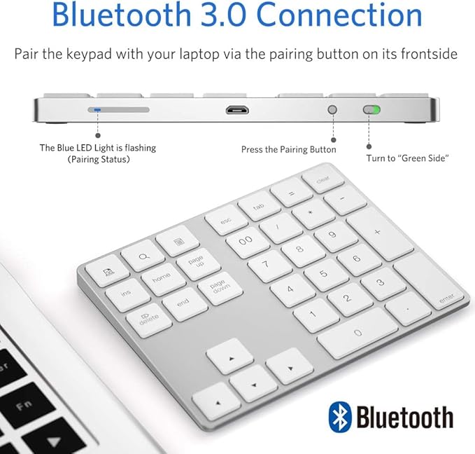 JOYEKY Bluetooth Number Pad, Wireless Numeric Keypad, USB-C Rechargeable External 34-Keys Numpad, Financial Data Entry Keyboard for iMac, MacBook Air/Pro, PC Desktop, Laptop Notebook(Silver)