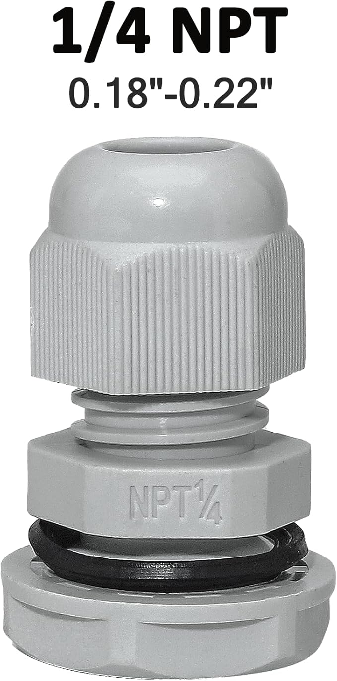 Bonsicoky 10 Pcs 1/4" NPT Nylon Cable Glands, IP68 Waterproof Adjustable Cord Grip Cable Connector Strain Relief Wire Protectors for 4-6mm Cable Diameter, Grey