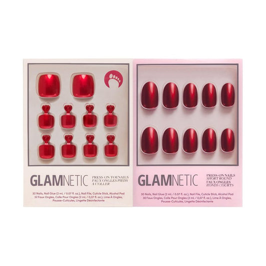 Glamnetic Press-On Nails - Cherry Glaze Short Round Bright Red Nails | 30-Piece Kit with Glue & 32 Toe Nails