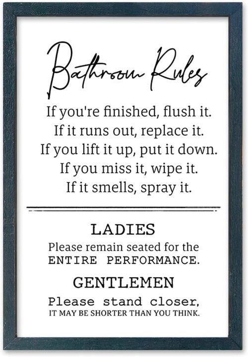 Bathroom Rules Wall Decor - Humorous 16" x 11" Restroom Sign | Modern Framed Art in Black