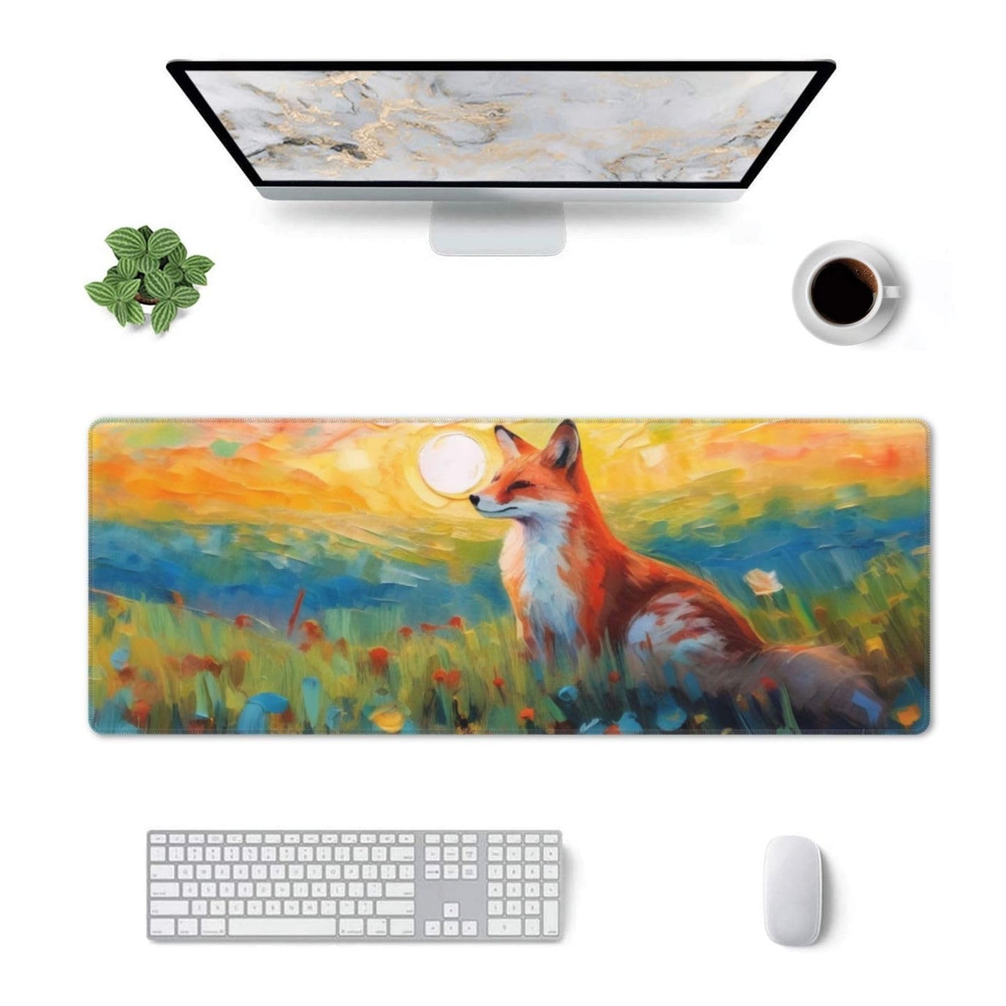 Gaming Mouse Pad, Large Non-Slip Rubber Base Mousepad, Keyboard Mouse Mat, Desk Pad with Stitched Edges, 31.5x11.8inch, Fox