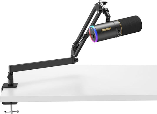 TONOR Dynamic Podcast Microphone, XLR/USB Mic for Recording, Streaming, XLR Cardioid Studio Mic with Quick Mute, Volume Control, 200 cm/78inch Cable, with RGB and Low Profile Boom Arm, Black, TD520S+