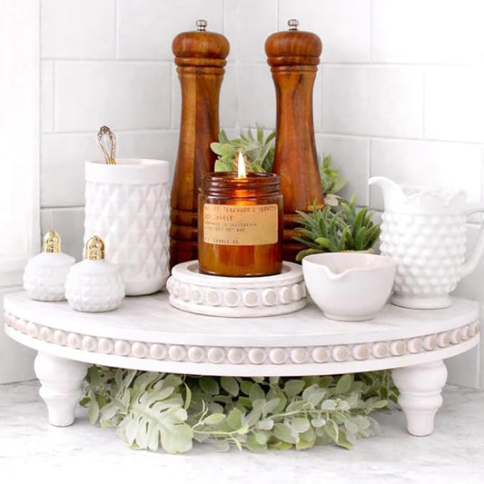 Corner Pedestal Stand Rustic Decor Riser for Display - Farmhouse Wood Rounded Beaded Tray for Kitchen and Bathroom Countertop Organizer, Coffee Bar, Plant Stand with Removable Feet (Rustic White)