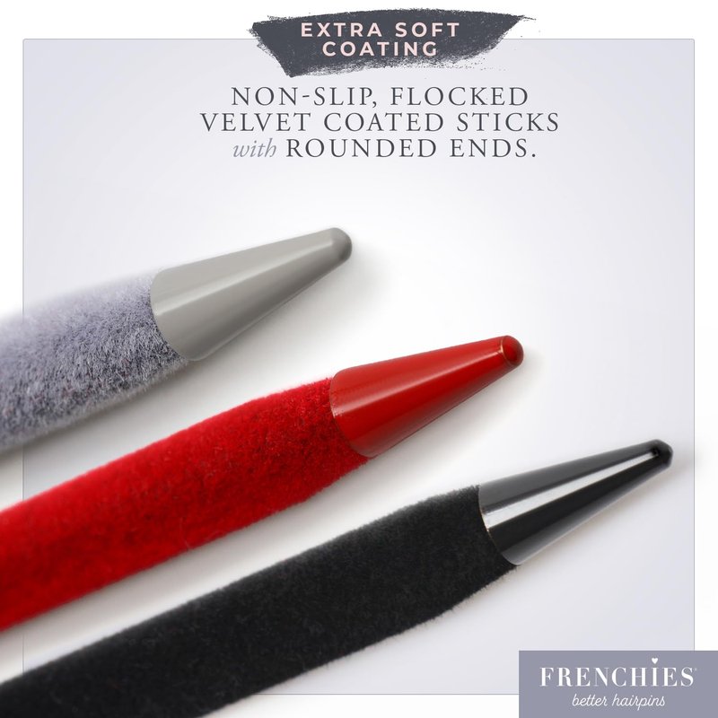 French Twist Hair Sticks | Ultra Soft Flocked Chopsticks for Updos - Pack of 3, Black