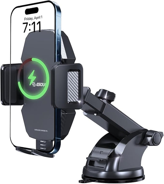 Esoulk Wireless Car Charger Phone Mount, 15W Fast Charging Car Mount Charger with Auto Clamping, Car Charger Phone Holder for iPhone, Wireless Charger Car Mount for Dashboard & Windshield