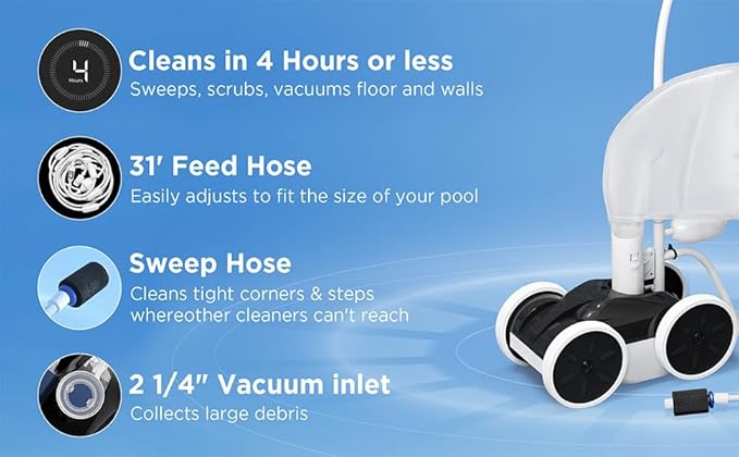 MAKHOON Upgrade Pool Pressure Side Sweeper with Feed Hose – Professional Pool Cleaner for Efficient Swimming Pool Cleaning, Stable 4-Wheel Structure Design
