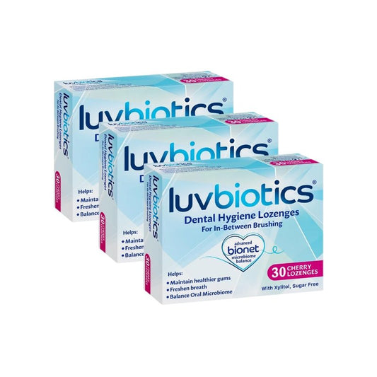 Luv Biotics Probiotic Cherry Lozenges with Xylitol for Healthy Oral Microbiome, Fresh Breath & Cavity Protection. No Artificial Colours/preservatives. 3 Pack of 30's