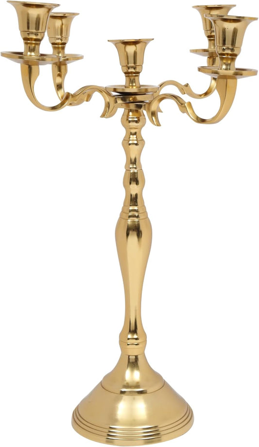 Metal Candelabra | Five Arm Decorative Candlestick Holder - 16 Inch Tall Gold Centerpiece for Weddings & Events