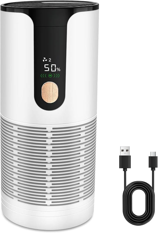 Arint Mini Car Air Purifier-True HEPA Portable Small Air Purifier with LCD Display,15dB Quiet,USB-C Charging,Filters Smoke/Dust/Pet Dander in Car/Office/Desk/Travel（White）