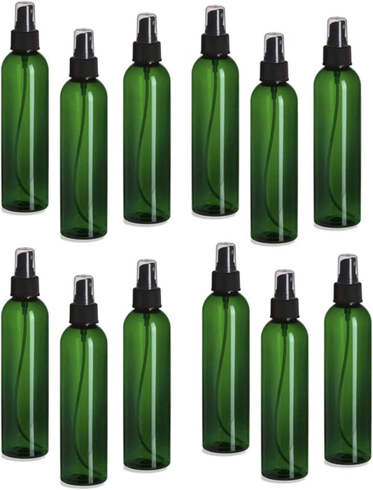 Natural Farms 12 Pack | 8 oz Green Cosmo Plastic Bottles with Black Fine Mist Atomizer for Essential Oils & Perfumes