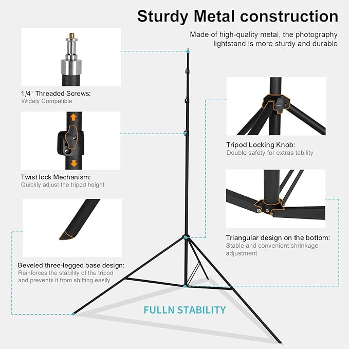 20FT Heavy Duty Tripod Stand with Rope, Spring-Assisted Telescoping Aluminum, 1/4" & 3/8" Screws, Portable for Sports & Outdoor Shooting