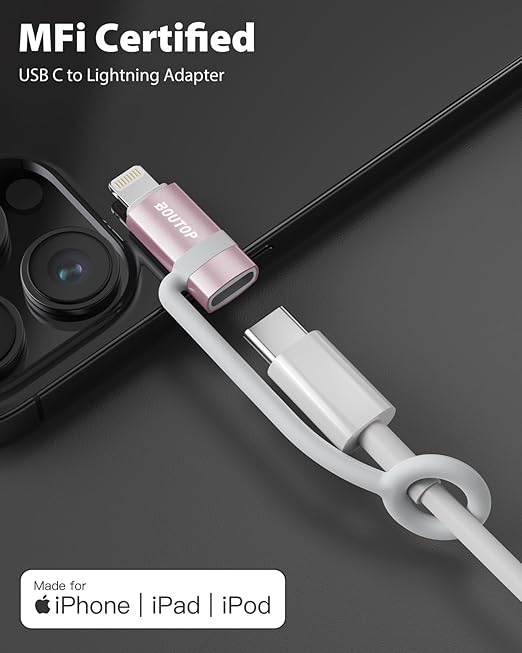BOUTOP [MFi Certified] 36W USB C to Lightning Cable Adapter, Support Data Sync/PD Fast Charging Compatible with iPhone iPad AirPods, with Anti-Lost Holder - Rose Gold 3 Pack