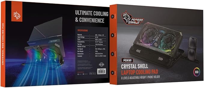 Porodo Gaming Crystal Shell Laptop Cooling Pad with Phone Holder, Dual High-Speed Fans, 8-Level Adjustable Height, RGB Lighting, Anti-Slip Base, USB-A & USB-C Ports – Black (for 10-17” Laptops)