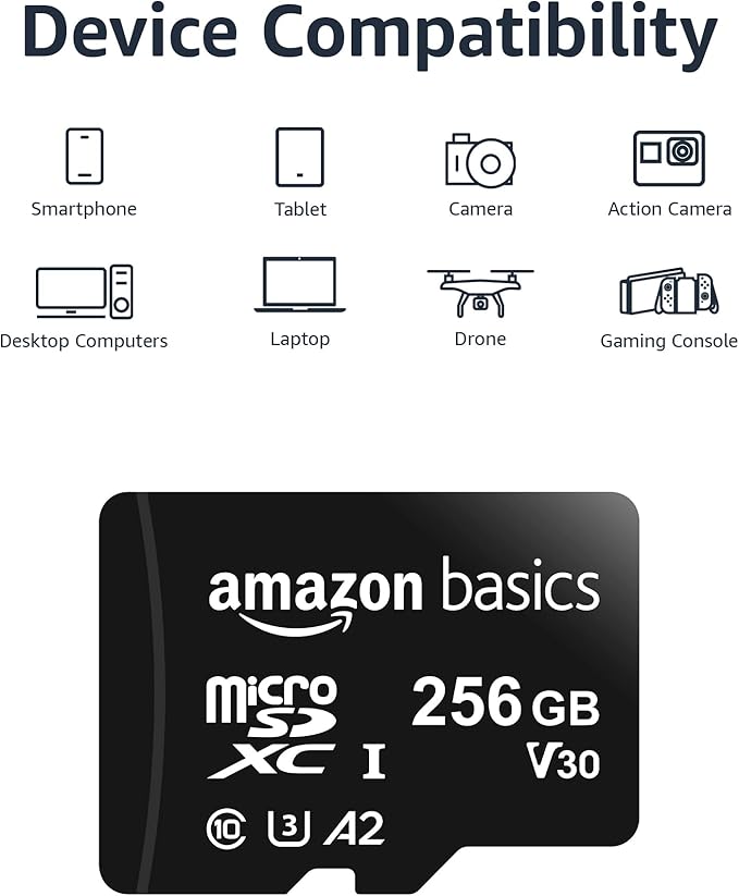 Amazon Basics microSDXC Memory Card with Full Size Adapter, A2, U3, Read Speed up to 100 MB/s, 256GB, Black