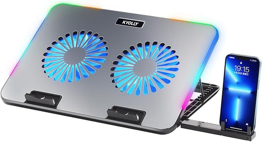 KYOLLY RGB Gaming Laptop Cooling Pad with Metal Panel, 2 Ultra Quiet Big Fans, 10 Lighting Modes, Phone Stand & 7 Height Adjustable Ergonomic Cooler for 10-15.6 Inch Laptops