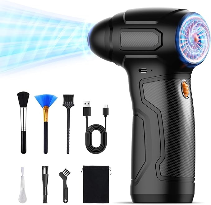 Tomzio Electric Air Duster, 200,000 RPM 8000mAh Rechargeable Compressed Air Alternative with 6 Brushes, Handheld Blower for Car Bike, Workshop, Grill, 3D Printing, Slide Speed Control (Orange)
