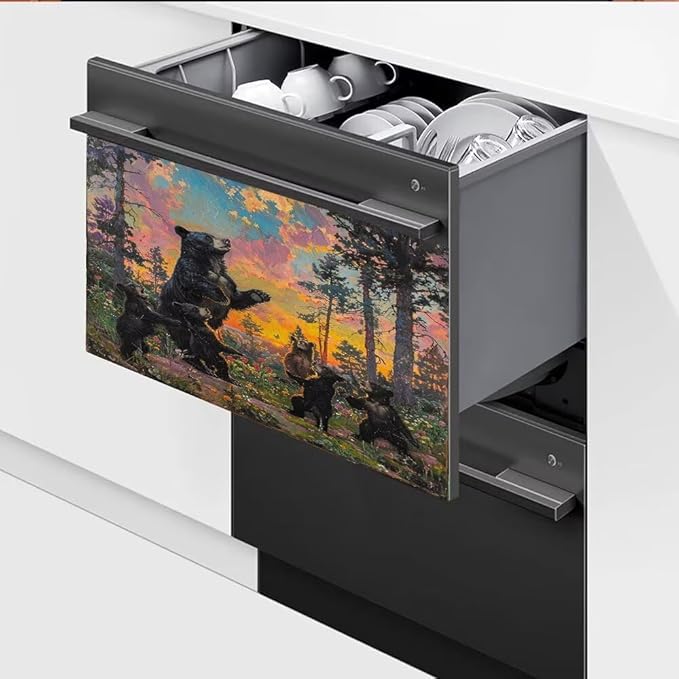 Dishwasher Magnet Cover, Forest Black Bear Family Magnetic Dishwasher Sticker for Kitchen Decoration 23x17in Fridge Panel Vinyl Decal Farmhouse Refrigerator Cover
