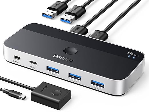 UGREEN USB 3.0 Switch 2 Computers Sharing USB C & A Devices, 4 Port USB Switcher Sharing Keyboard and Mouse, Printer/Scanner USB Switch Hub for Two Computers with 2 USB3.0 Cables and Remote