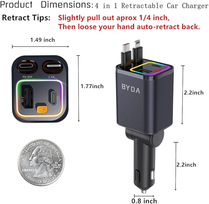4 in 1 Retractable Car Charger,69W USB-C Fast Car Charger, for iPhone 17/16/15/14/13/12/11, Android,Pixel,Cigarette Lighter Charger (for Type C+Apple &RGB)